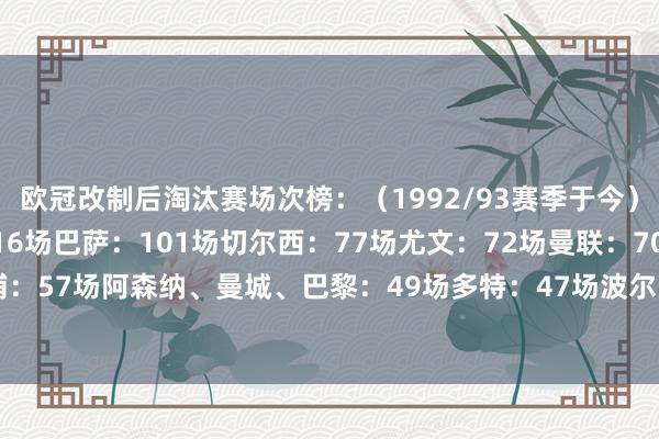 欧冠改制后淘汰赛场次榜：（1992/93赛季于今）皇马：127场拜仁：116场巴萨：101场切尔西：77场尤文：72场曼联：70场米兰：59场利物浦：57场阿森纳、曼城、巴黎：49场多特：47场波尔图：46场国米：44场马竞：43场里昂：34场    体育集锦